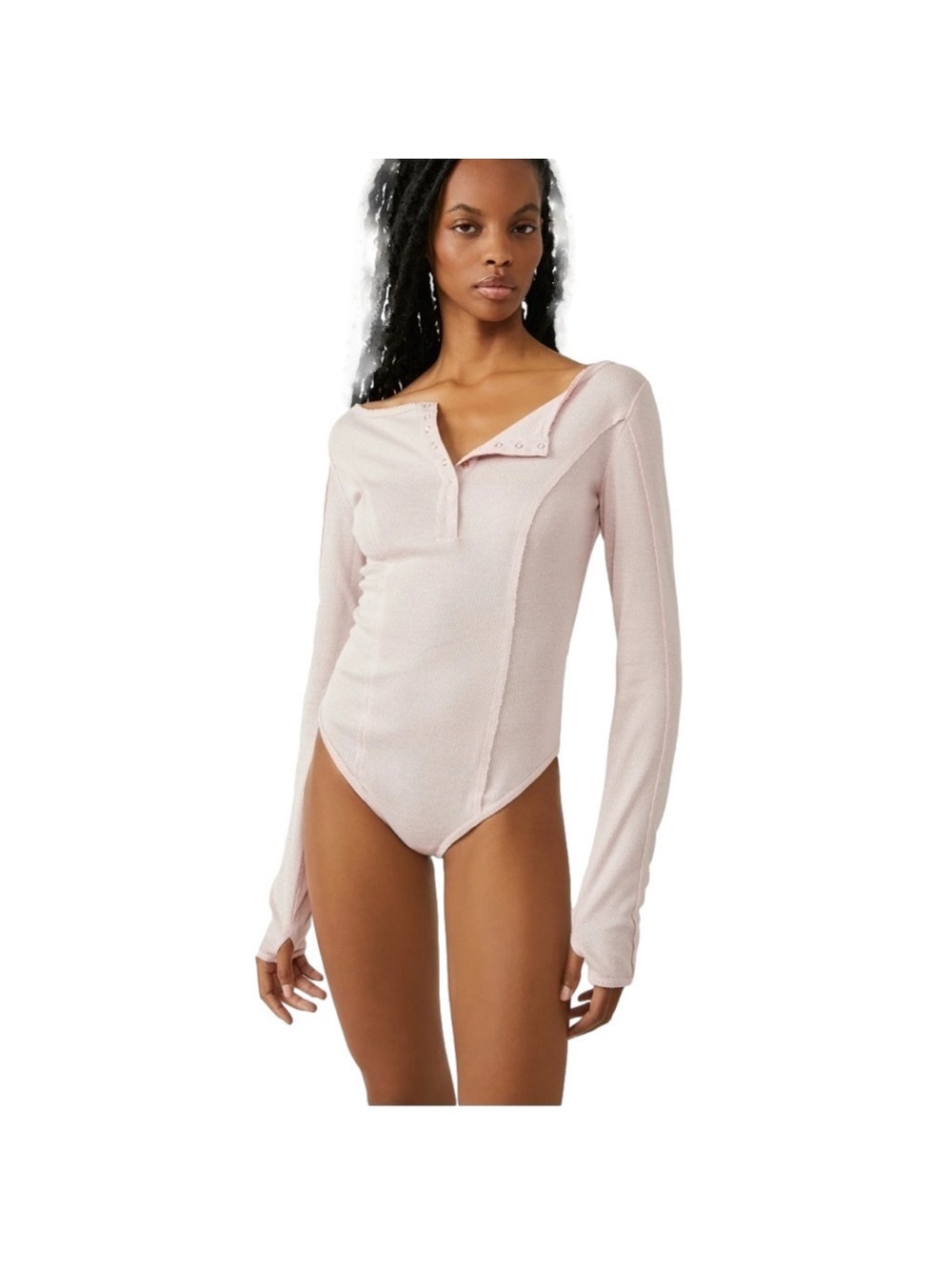 Free People Sloane Blush Pink Long-Sleeve Ribbed Henley Bodysuit